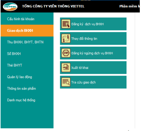 giao diện sau khi đăng nhập vào phần mềm kê khai bảo hiểm Viettel